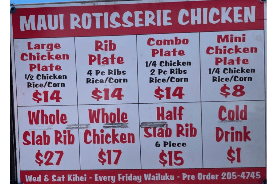 kihei maui hawaii swap meet rotisserie chicken menu