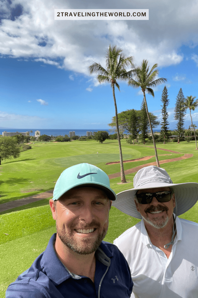Kapalua or Royal Ka'anapali Golf Resorts. 2 men are on the golf course with the maui ocean in the background