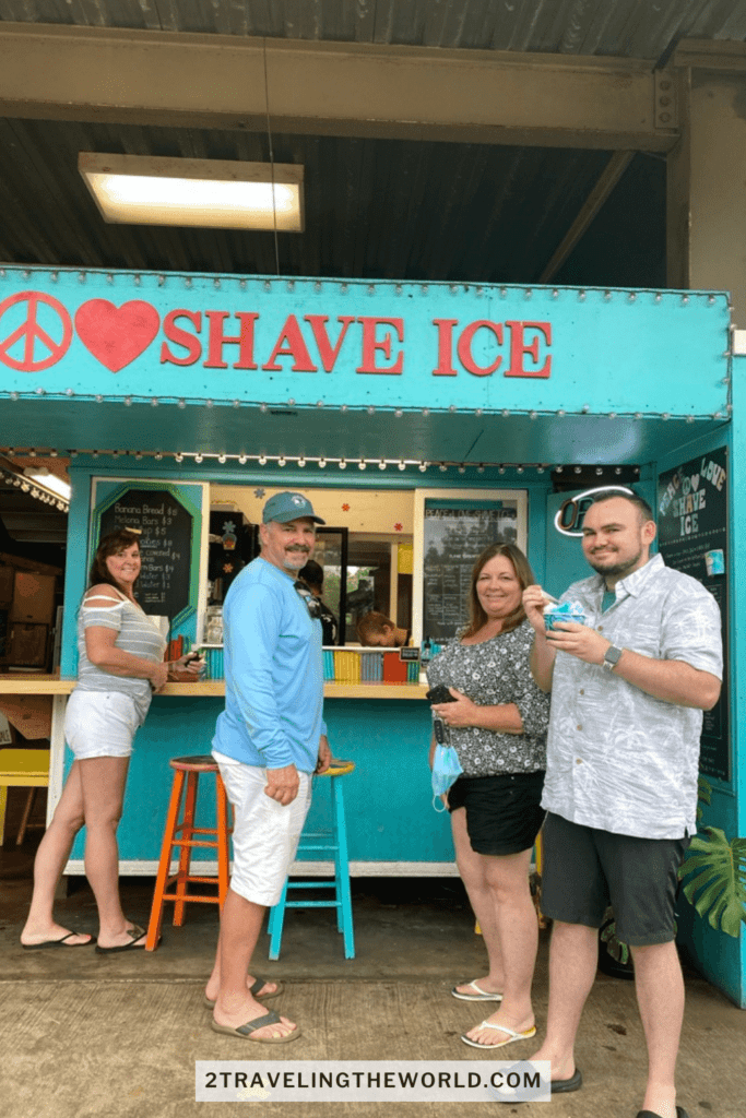 maui shave ice- family standing in front of peace love shave ice in kihei maui