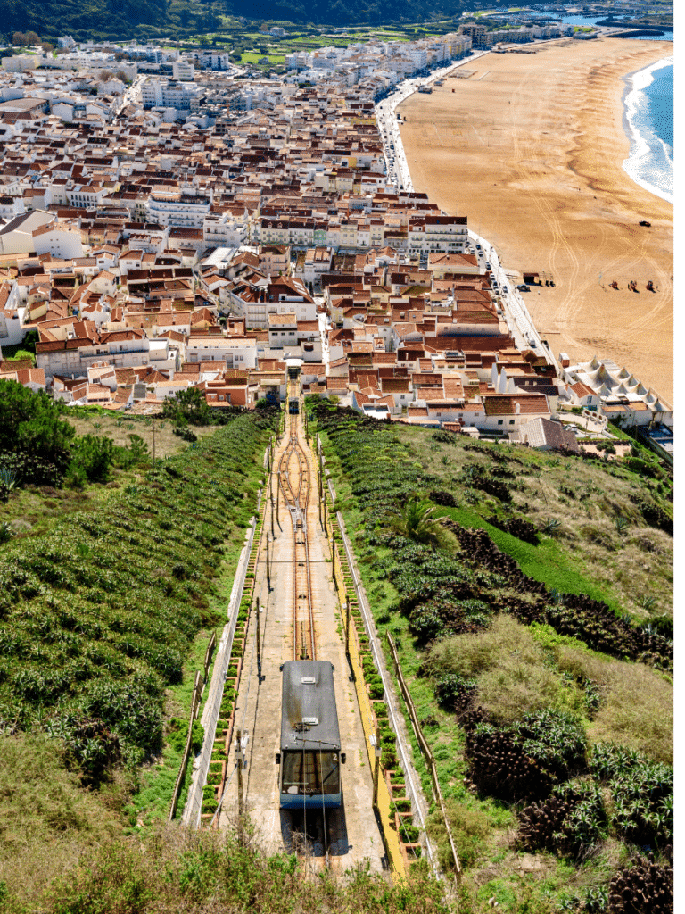 funicular from above showing praia da nazare in back