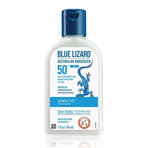BLUE LIZARD Sensitive Mineral Sunscreen with Zinc Oxide, SPF 50+, Water Resistant, UVA/UVB Protection with Smart Bottle Technology – Fragrance Free, 5 oz