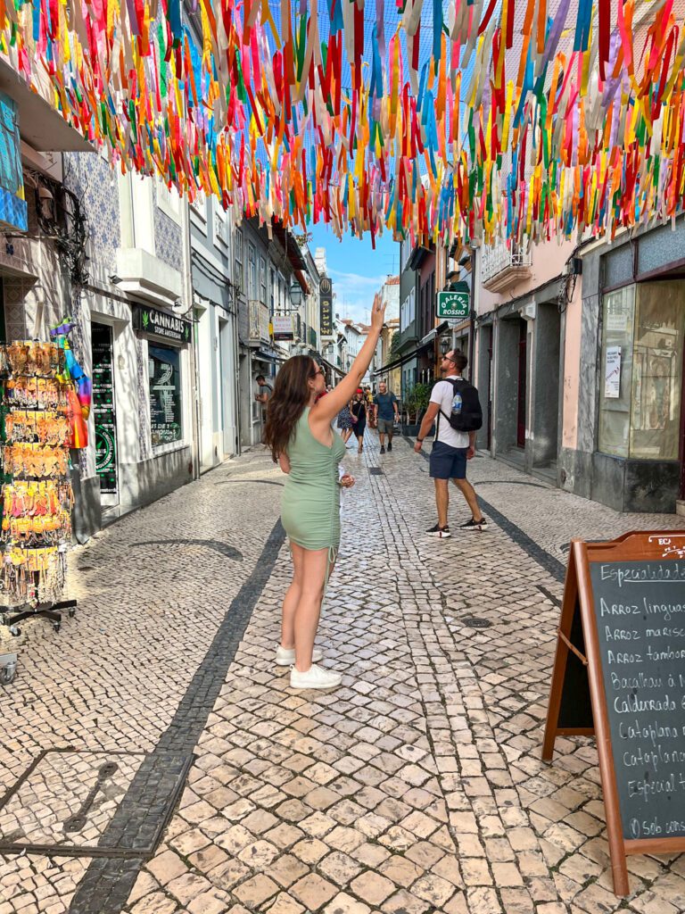 strolling narrow streets on our day trip to aveiro Portugal