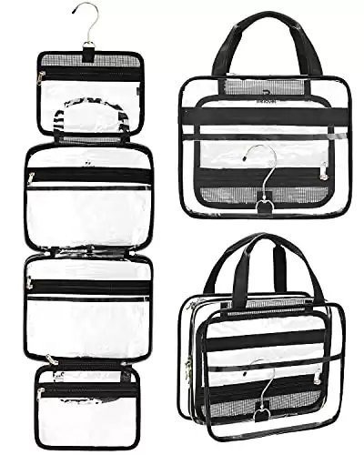 clear cosmetic bag with detachable bag that you can use on your carry on luggage. Detachable bag has zipper closure and can fit quart size TSA approved containers