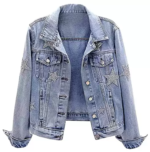 Kedera Womens Jean Jacket Embellished Stars Sparkle Denim Jacket