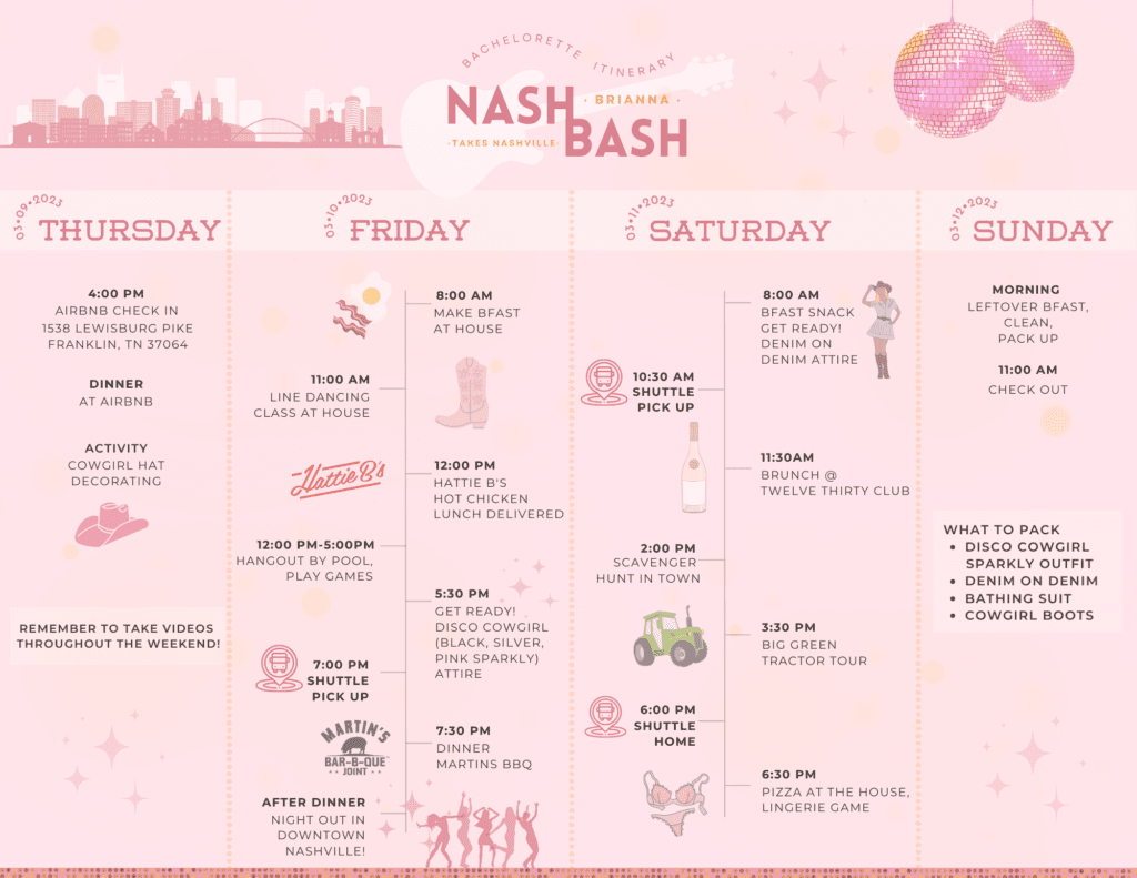 Bachelorette itinerary for Nashville Tennessee and outfits to pack
