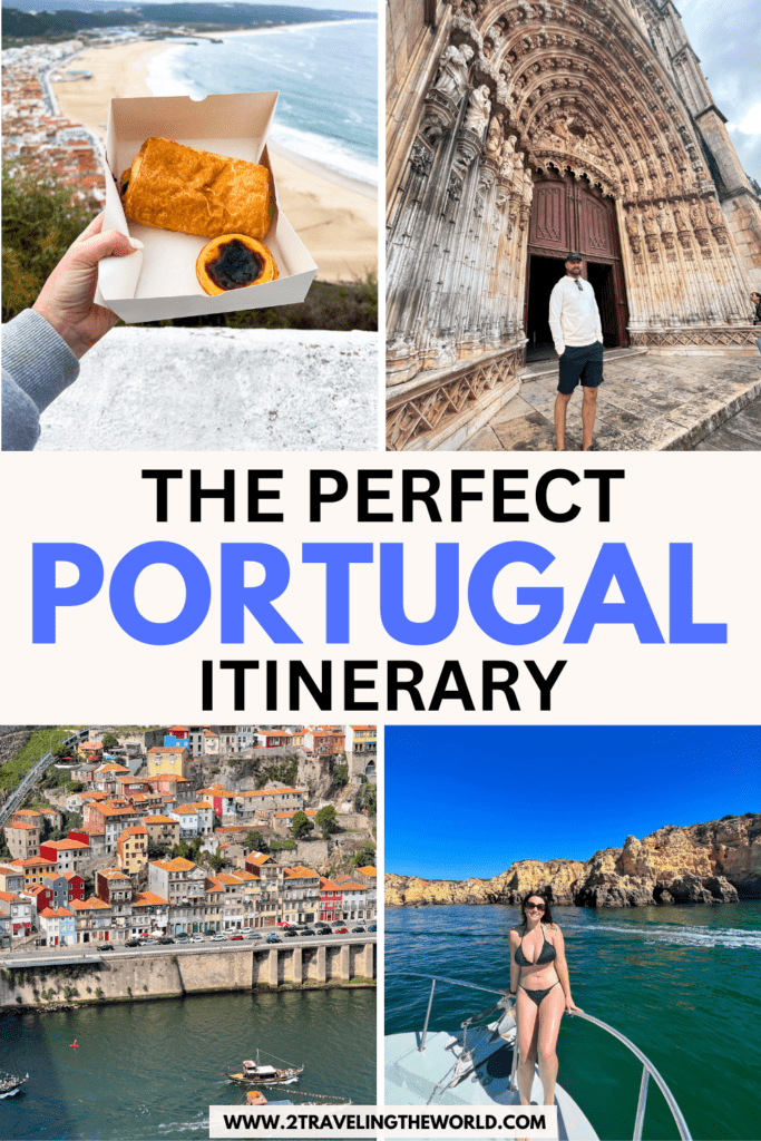 Pinterest Pin of Portugal vacation. Link shares itinerary showing the best of Portugal including  Porto, the coastal town of Portugal, as well as Nazare, a famous beach town for surf and beach front restaurants.