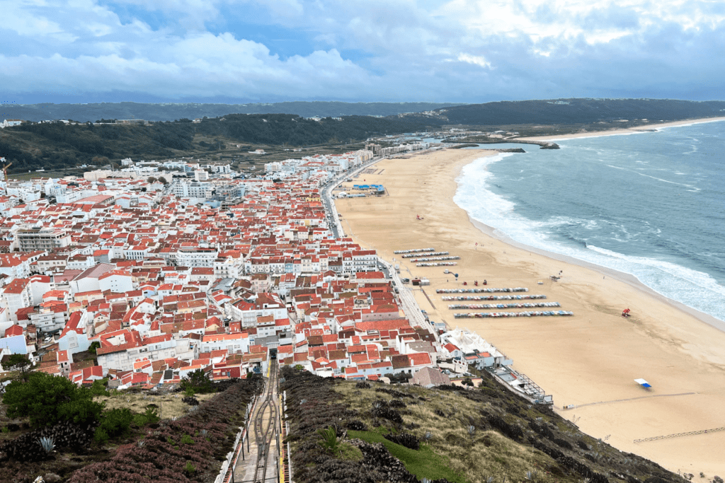 visit portugal surf town of Nazare. photo taken from top of the funicular down to the ocean