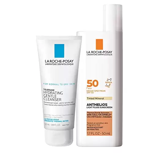 La Roche Posay Anthelios Tinted Mineral Sunscreen Full Size with Travel Size Mini La Roche Posay Toleriane Caring Wash
