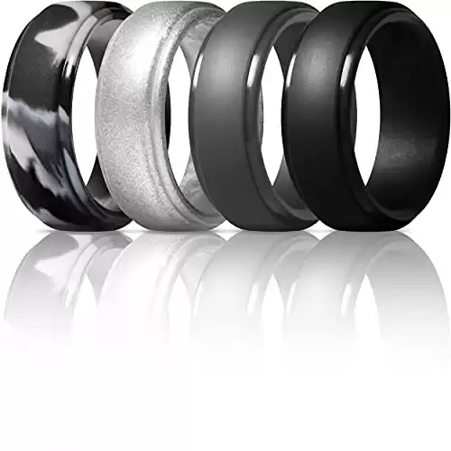 Men's Silicone Ring, Step Edge Rubber Wedding Band, 10mm Wide, 2.5mm Thick (Grey Camo, Silver, Black, Dark Grey, 9.5-10 (19.8mm))
