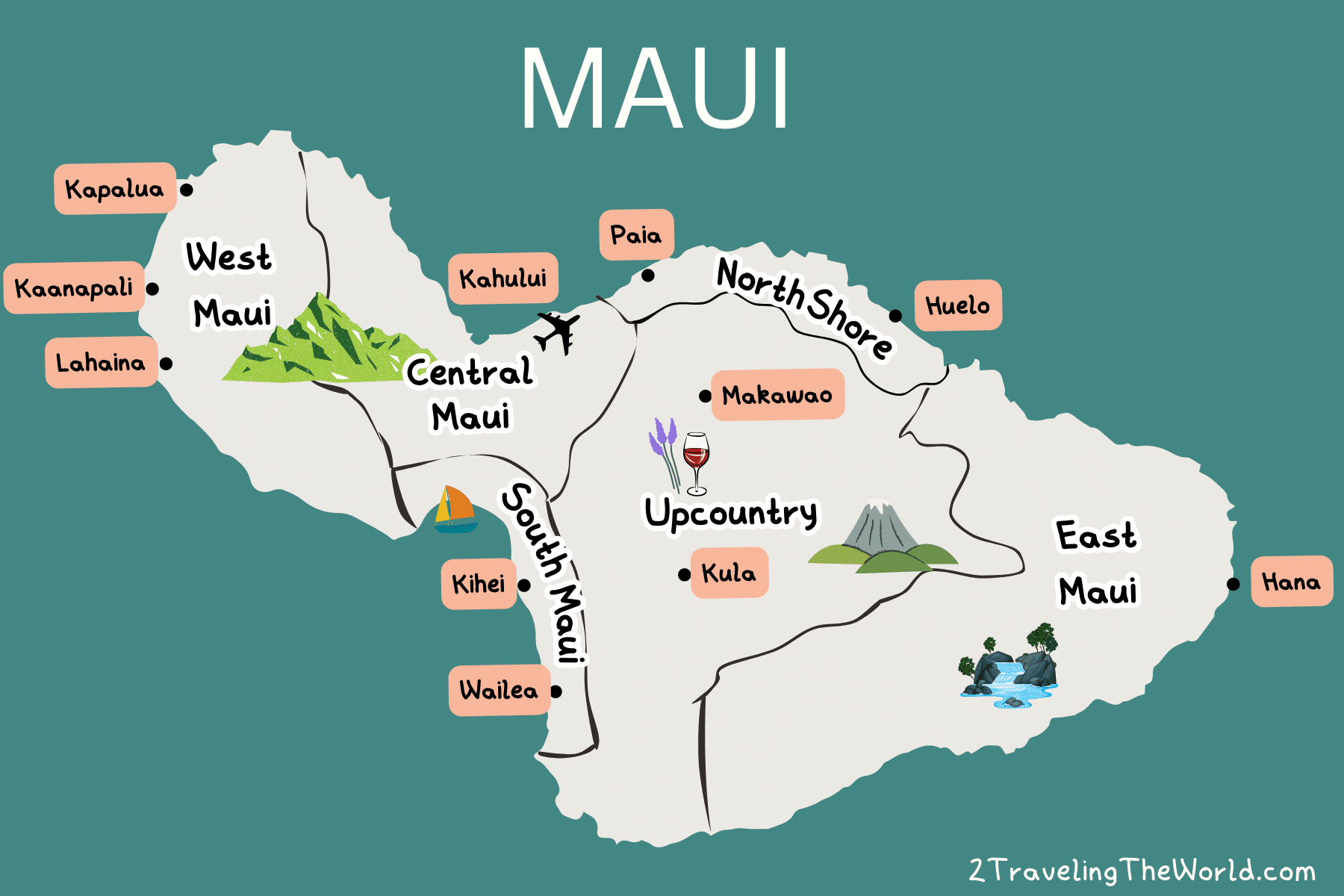 map of maui showing south maui, west maui, east maui, upcountry, north and central maui outlined on a map