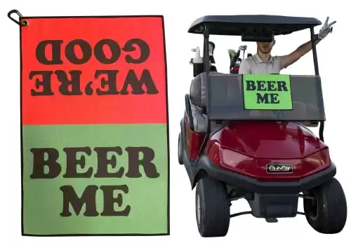 golf gag gifts to use while golfing. This beer me towel is perfect to get a laugh out of friends and the cart girl