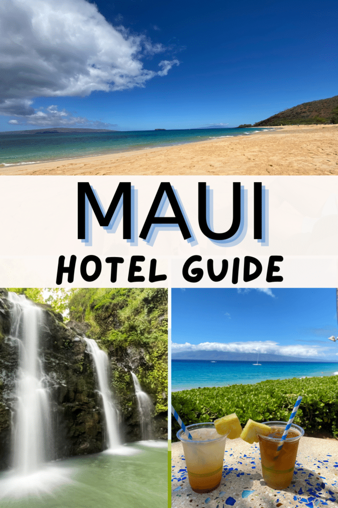 pinterest post_ Hawaiian Vacation_ Top places to stay on Maui. Images show sandy beaches, red sand beaches, black sand beach, and other images from best maui resorts