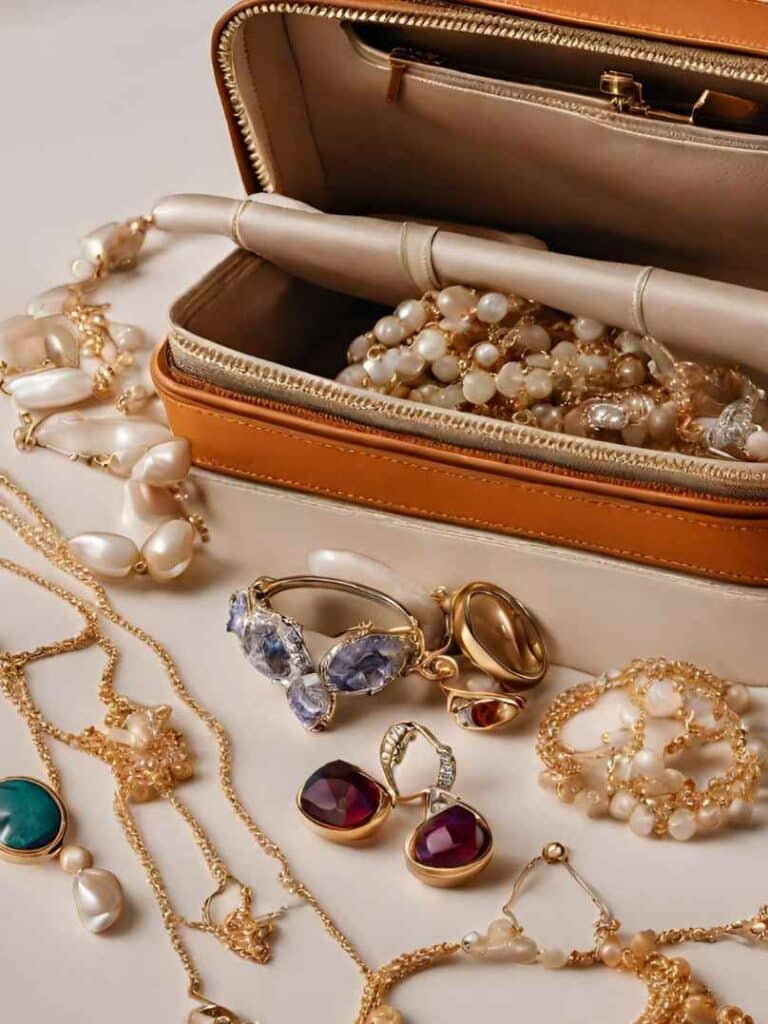 how to pack expensive jewelry on vacation. image shows jewelry case filled with nice jewelry to pack.
