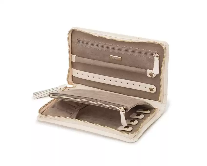 keep your engagment ring, statement necklaces, wedding rings and other fine jewelry safe in your carry on bag with jewelry rolls or other jewelry organizers like this one from Wolf.
