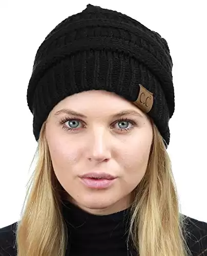 Knit beanie that pairs well with a puffy coat.