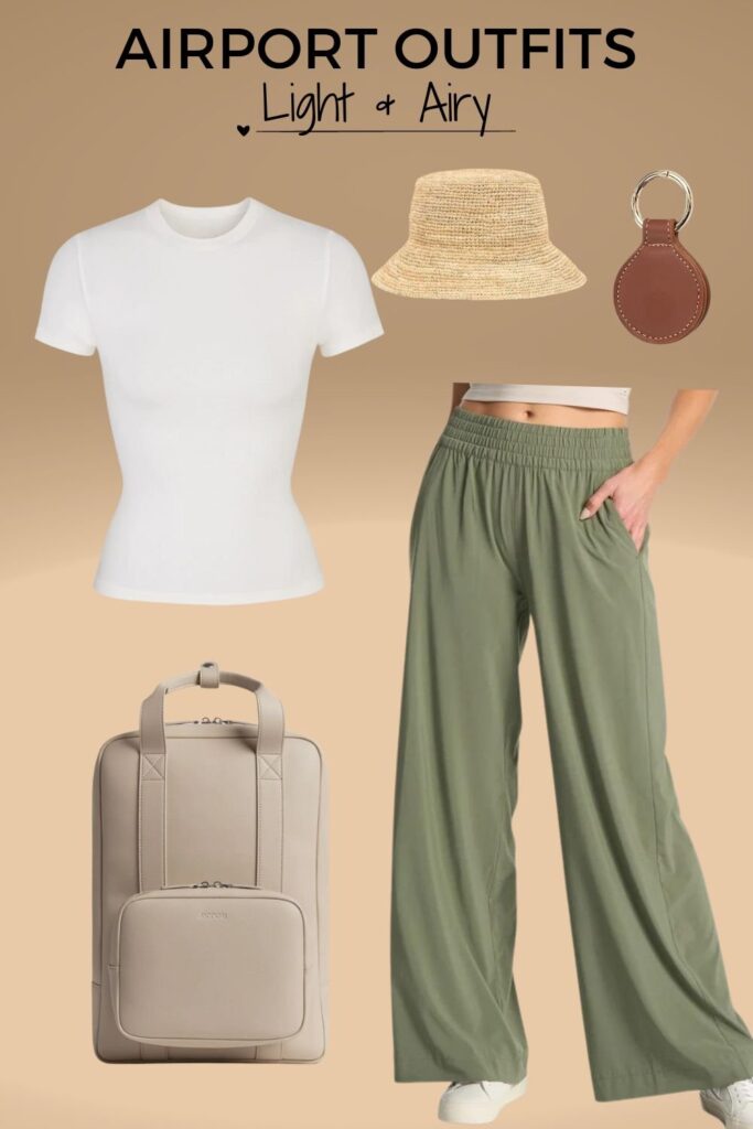 Light and airy airport outfit including white tee shirt, summer hat, hat clip, flowy pants and monos backpack