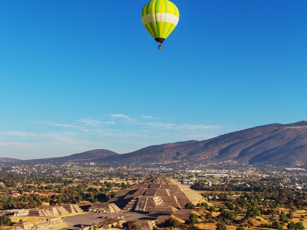 Soaring over Teotihuacan Pyramids while visiting Teotihuacan, Mexico City