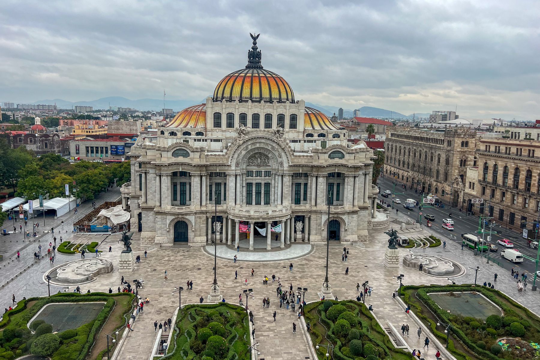 View from the Sears department store overlooking the Palacio De Bellas Artes and parque alameda central, with a gorgeous art deco interior, and works from Deigo.