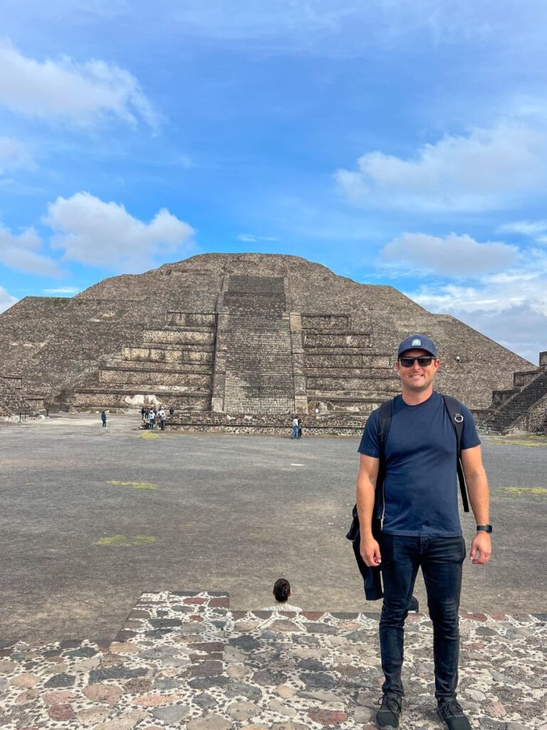 man standing in front of Pyramid of the Sun during a Teotihuacan Tour