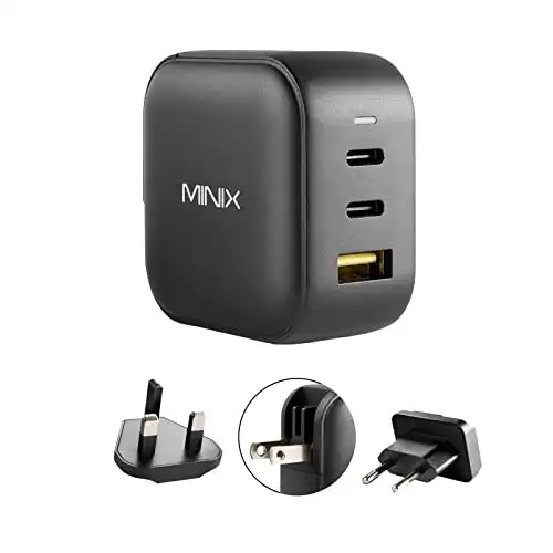 MINIX 66W Turbo 3-Port GaN Wall Charger 2 x USB-C Fast Charging Adapter, 1 x USB-A Quick Charge 3.0, Compatible with MacBook Pro Air, iPad Pro, iPhone 15/13/12 mini/11, Galaxy S9 S8 and More (NEO P1)