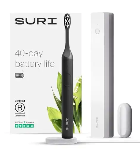 SURI Sustainable Sonic Toothbrush - Electric Toothbrush for Adults - Slim and Powerful Travel Toothbrush with UV Cleaning Case - Recyclable Plant-Based Head, 2 Modes, Mirror-Mount, and Charging Stand