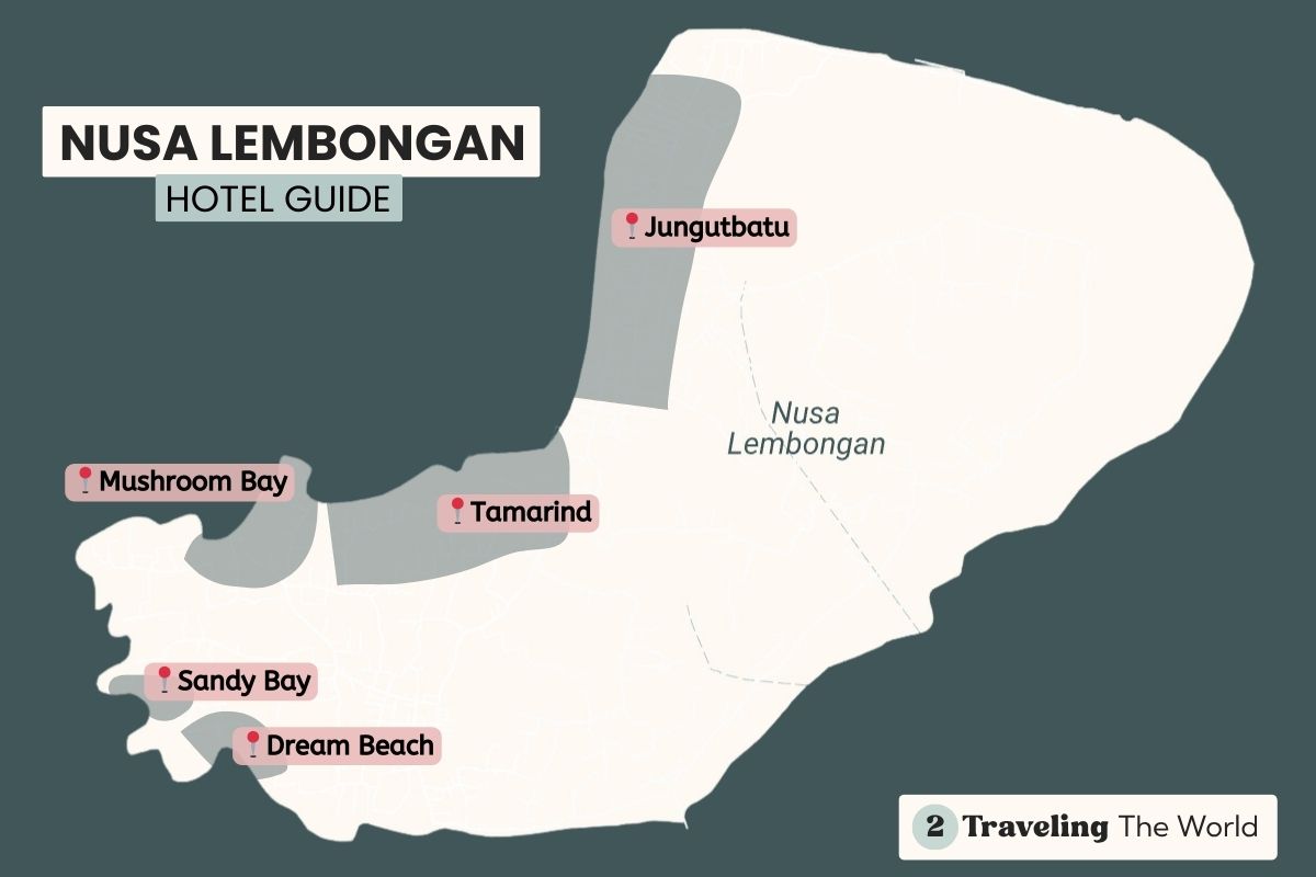 map of where to stay nusa lembongan. Highlights Jungutbatu Beach, Tamarind, Mushroom Bay, Sandy Bay and Nusa Ceningan