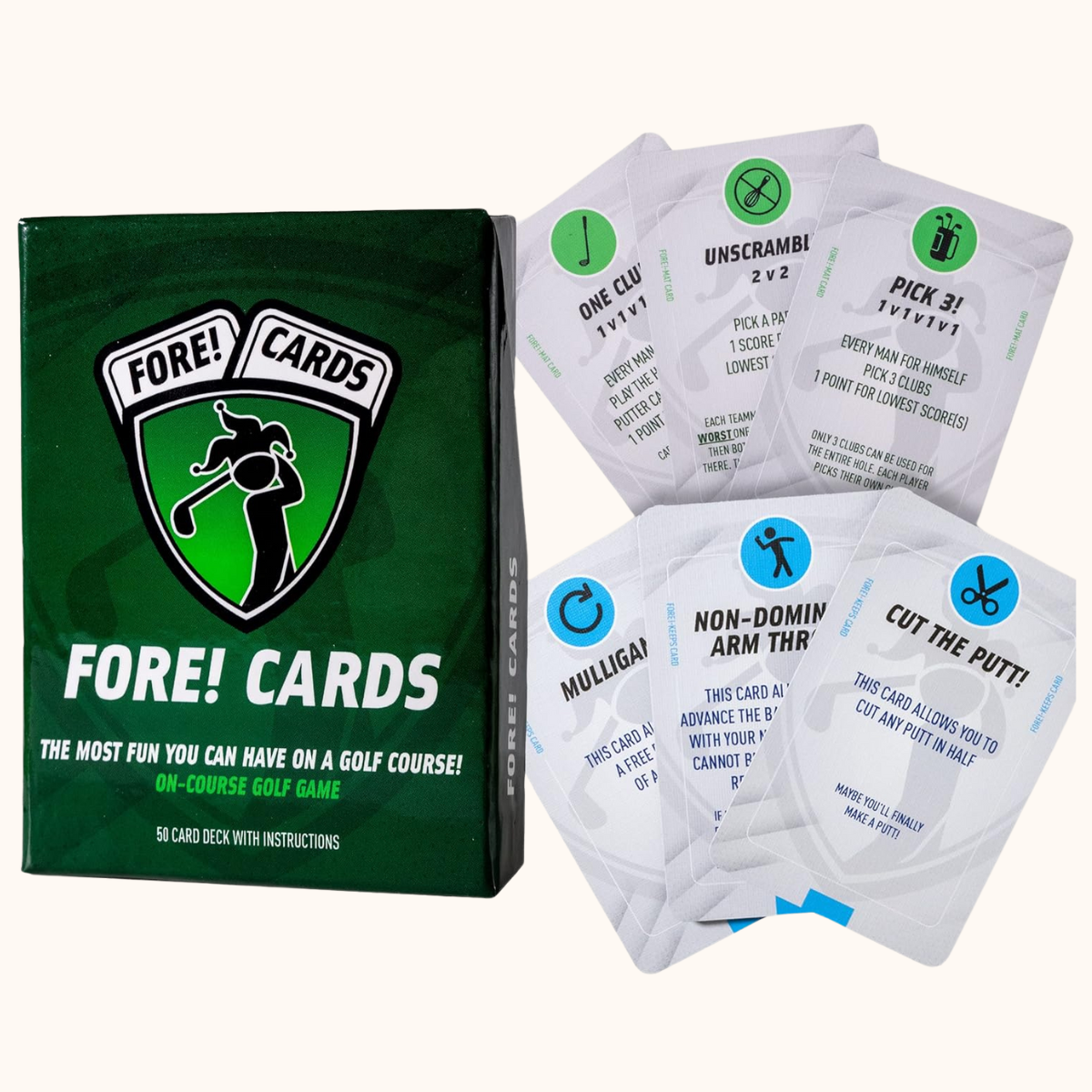 Fore! Cards On-Course Golf Game | Fun Interactive Golf Game | Spice Up Your Next Round | 50 Card Deck Makes Every Hole a Different Challenge | Perfect for Any Golfer