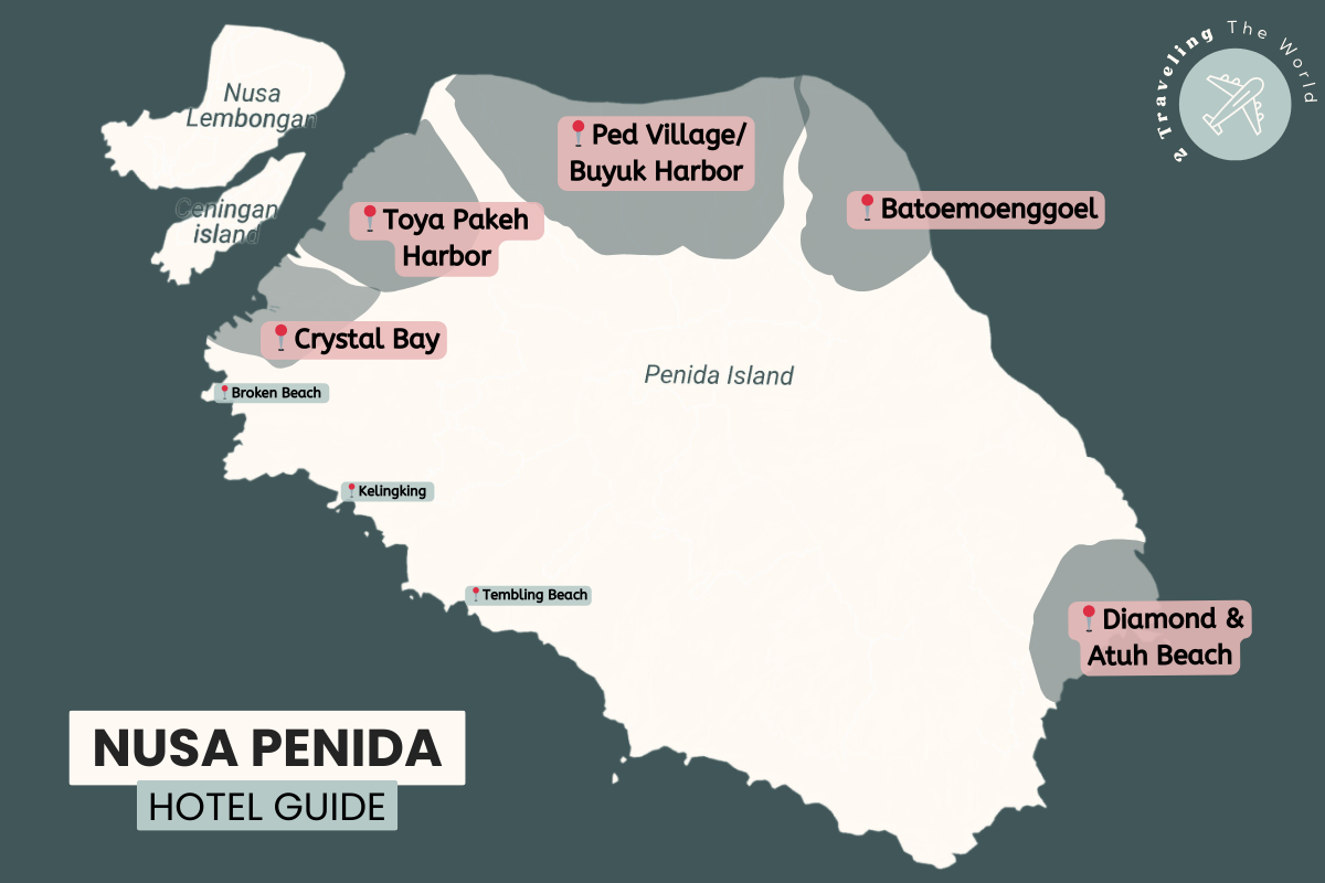 Where to stay on Nusa Penida featuring the areas surrounding Crystal Bay Beach, Buyuk Harbour, Batununggul Rastafara beach, and Diamond and Atuh Beach