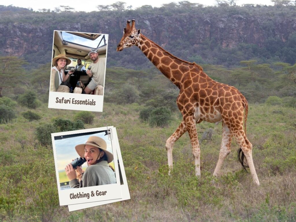 Safari packing list cover photo featuring a giraffe and the 2TravelingTheWorld team dressed in safari clothing. Labels highlight essential safari gear and clothing. 